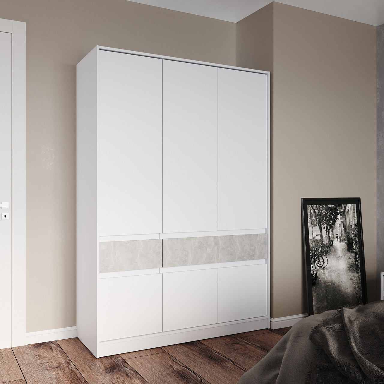 Шкаф распашной на 6 дверей и 2 шухляды EVR- Стайл-1400 белый + фасад бетон