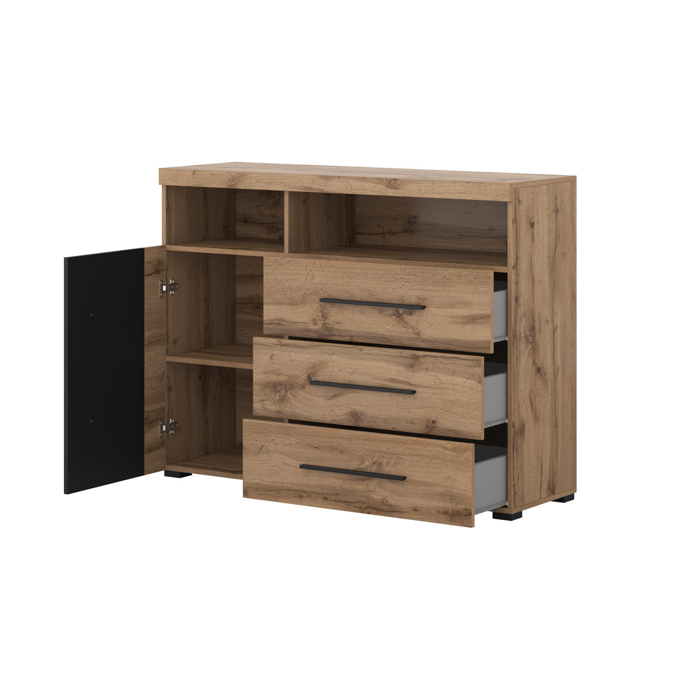 Комод на 1 дверь и 3 ящика в гостиную Helvetia ROGER 22N2ZH47 (дуб вотан/черный матовый)
