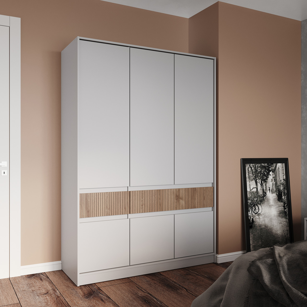 Шкаф распашной на 6 дверей и 2 шухляды EVR- Стайл-1400 кашемир + фасад каннела