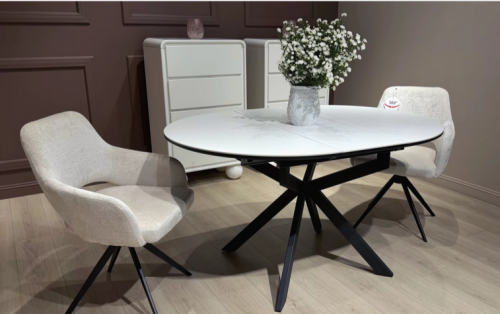 Стол обеденный раcкладной CRV- Tilla, Pure white ceramic top black base, 105 см,белый