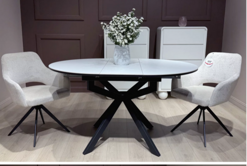 Стол обеденный раcкладной CRV- Tilla, Pure white ceramic top black base, 105 см,белый