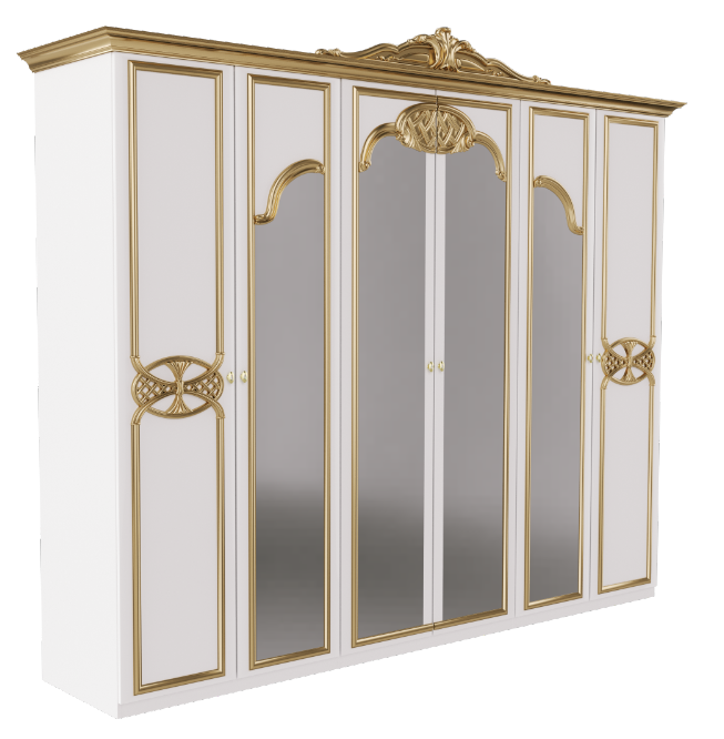 Шкаф MRK- Ева 6 дверей Глянец белый+золото/зеркало
