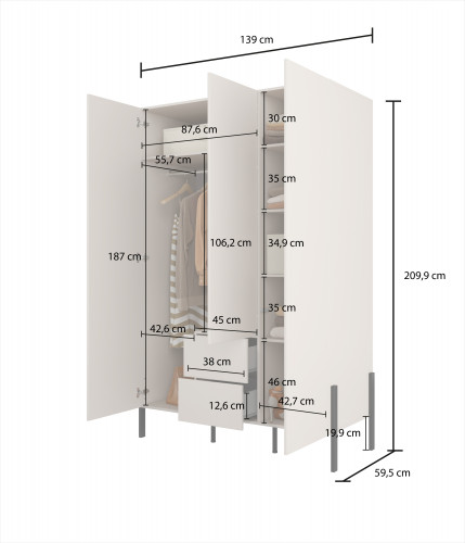 Шкаф на 3 двери с 2 ящиками Helvetia JUKON S 24KSND19 (кашемир/черный)