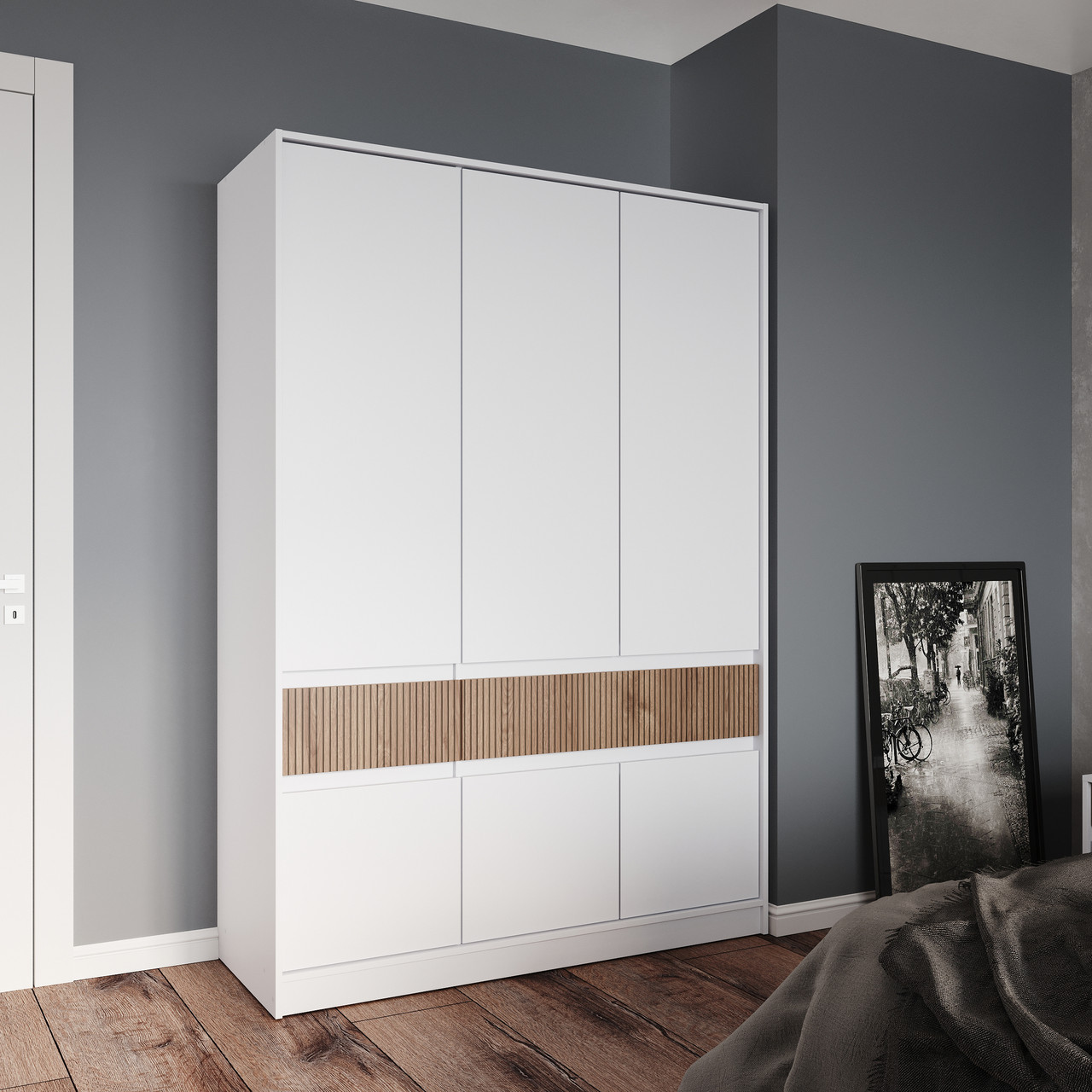 Шкаф распашной на 6 дверей и 2 шухляды EVR- Стайл-1400 белый + фасад каннела