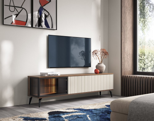 Тумба под ТВ с подсветкой  Perfect Home​ Вичи / Vici​ RTV180 3-дверная Орех/кашемир