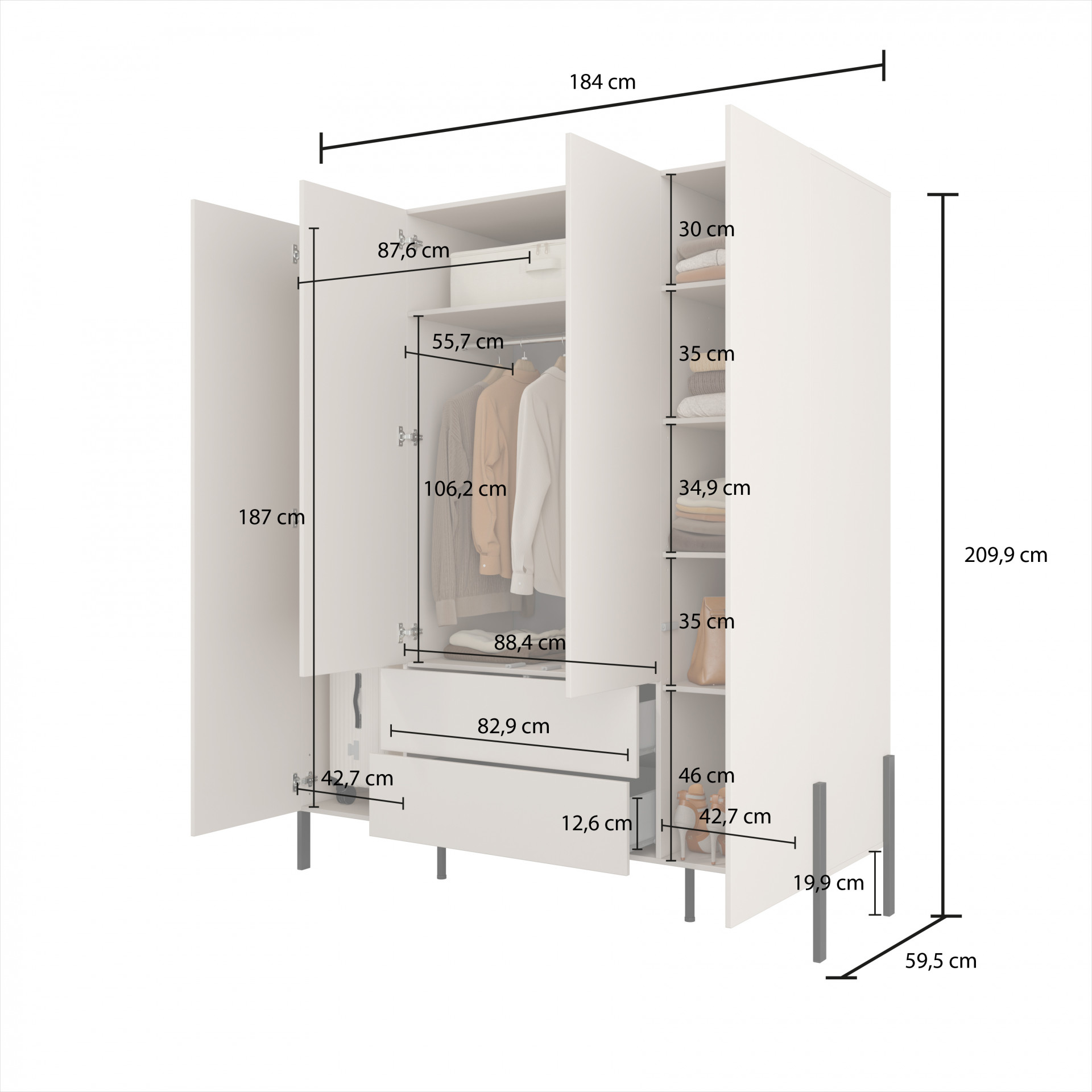 Шкаф на 4 двери с 2 ящиками Helvetia JUKON S 24KSND20 (кашемир/черный)