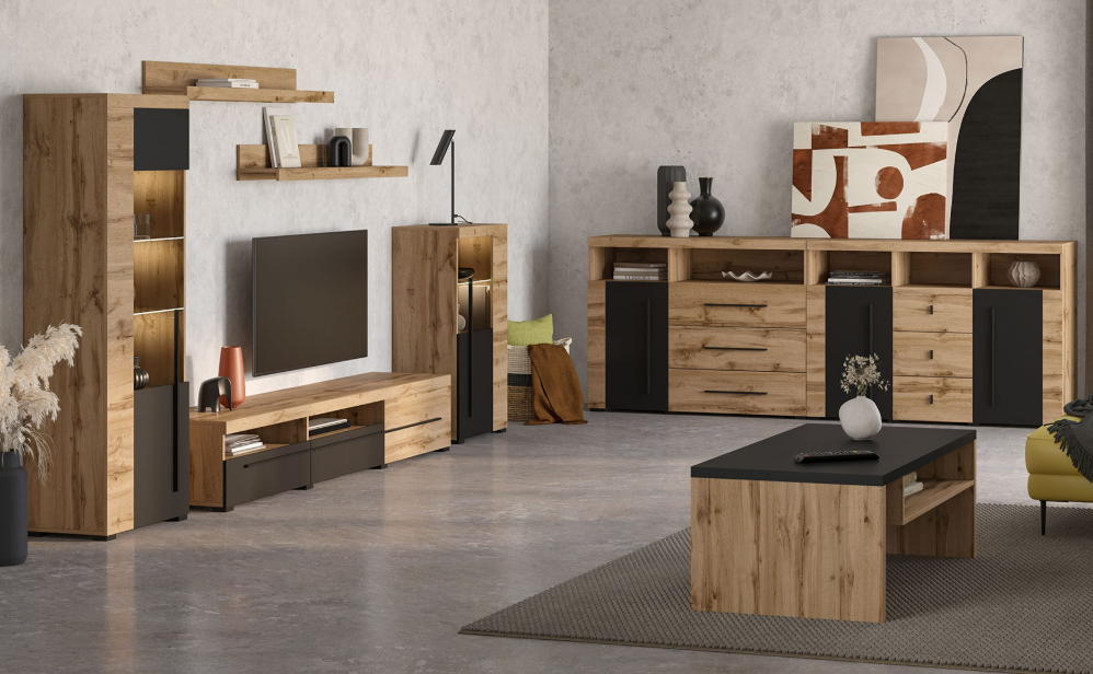 Комплект в гостиную Helvetia ROGER (дуб вотан/черный матовый)