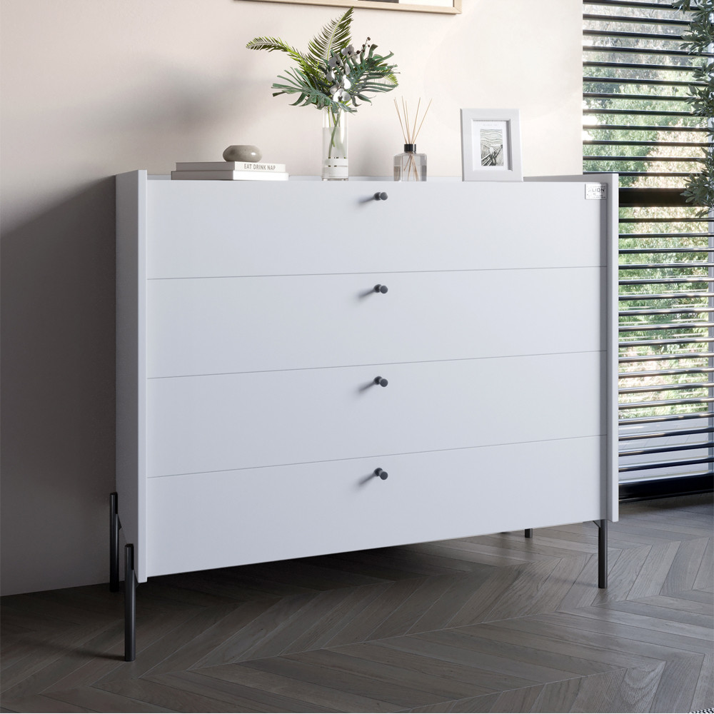 Комод с 4 ящиками LION Wood с черными ножками 100х90х45 см Нимфея Альба (белый) (LION-042983) ТОП