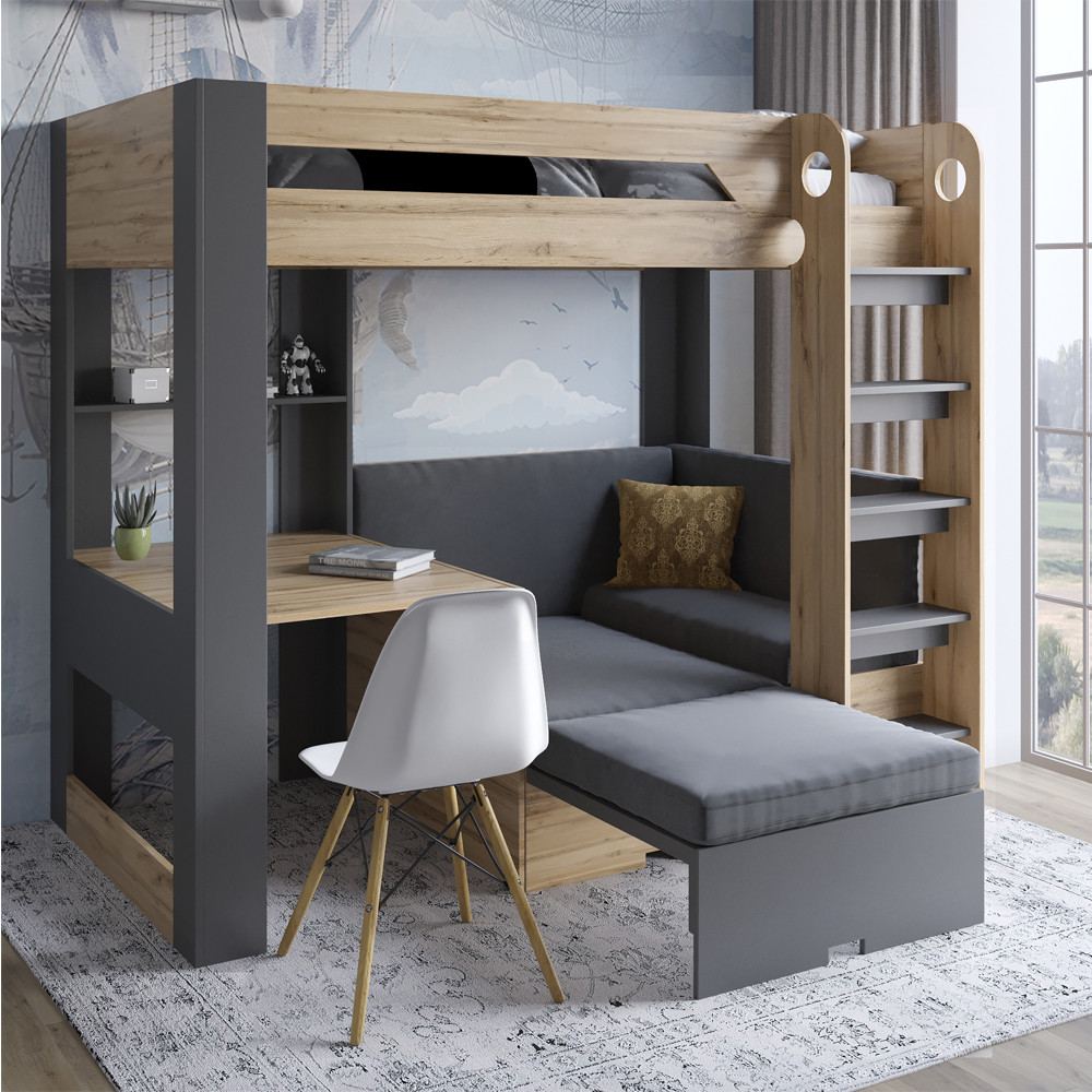 Детская двухъярусная кровать LION- Флай 90х190 см со встроенным столом дуб Аппалачи / Лили-95 (LION-041637) ТОП