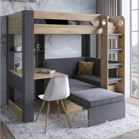 Двухъярусная кровать LION- Флай 90х190 см со встроенным столом дуб Аппалачи / Лили-95 (LION-041637)