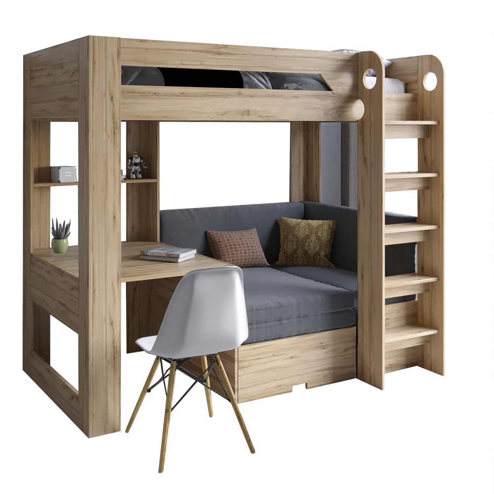 Детская двухъярусная кровать LION- Флай 90х190 см со встроенным столом дуб Аппалачи / Лили-95 (LION-041637) ТОП