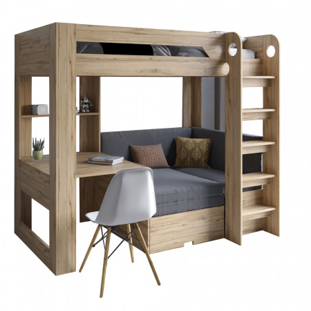 Двухъярусная кровать LION- Флай 90х190 см со встроенным столом дуб Аппалачи / Лили-95 (LION-041637)