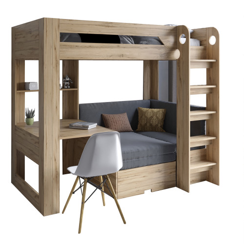 Детская двухъярусная кровать LION- Флай 90х190 см со встроенным столом дуб Аппалачи / Лили-95 (LION-041637) ТОП