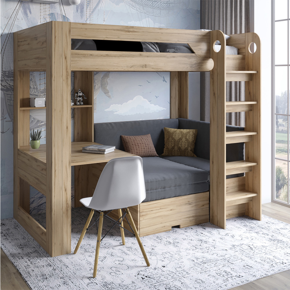 Детская двухъярусная кровать LION- Флай 90х190 см со встроенным столом дуб Аппалачи / Лили-95 (LION-041637) ТОП