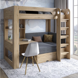 Детская двухъярусная кровать LION- Флай 90х190 см со встроенным столом дуб Аппалачи / Лили-95 (LION-041637) ТОП