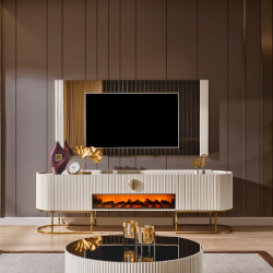 Комод ТВ с камином EXI- G белый с золотом  221*51*66