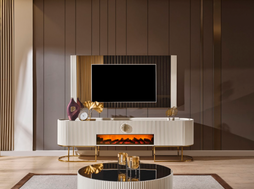 Комод ТВ с камином EXI- G белый с золотом  221*51*66