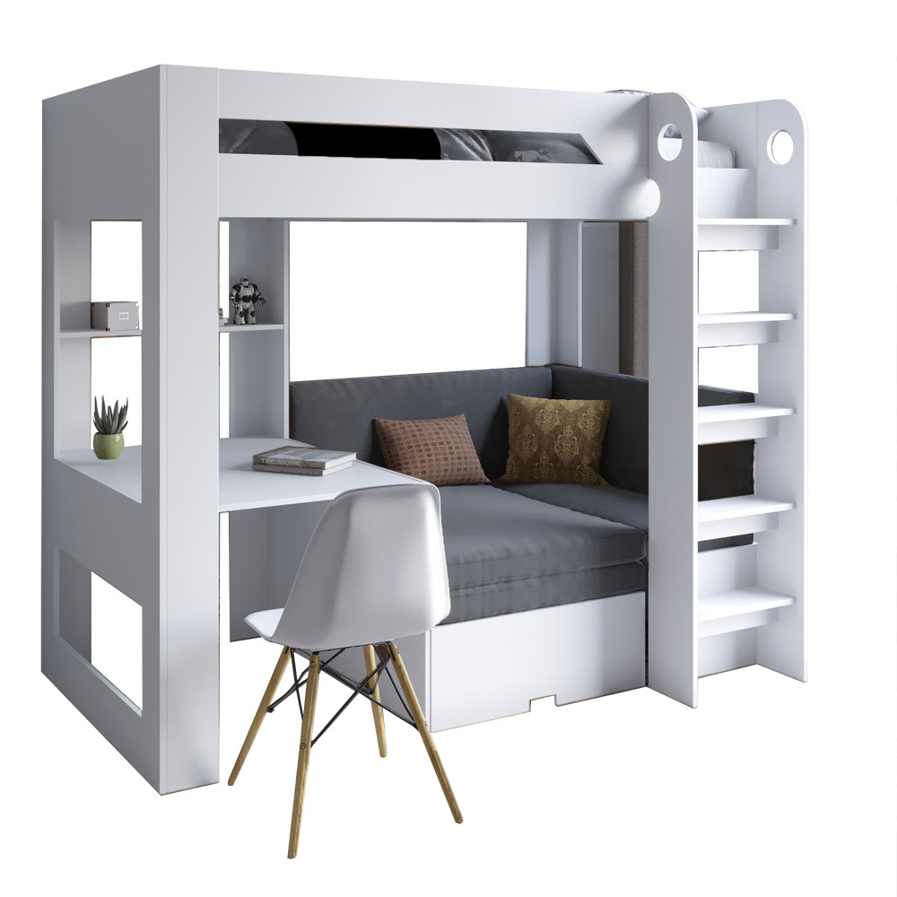 Детская двухъярусная кровать LION- Флай 90х190 см со встроенным столом Нимфея Альба (белый) (LION-041643) ТОП