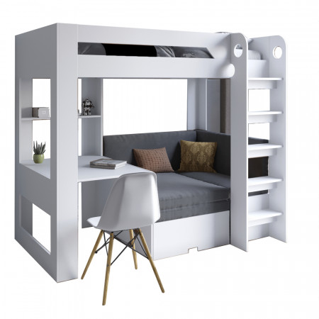 Двухъярусная кровать LION- Флай 90х190 см со встроенным столом Нимфея Альба (белый) (LION-041643)