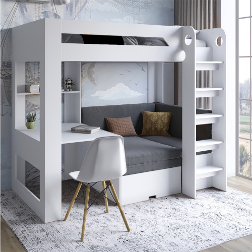 Детская двухъярусная кровать LION- Флай 90х190 см со встроенным столом Нимфея Альба (белый) (LION-041643) ТОП