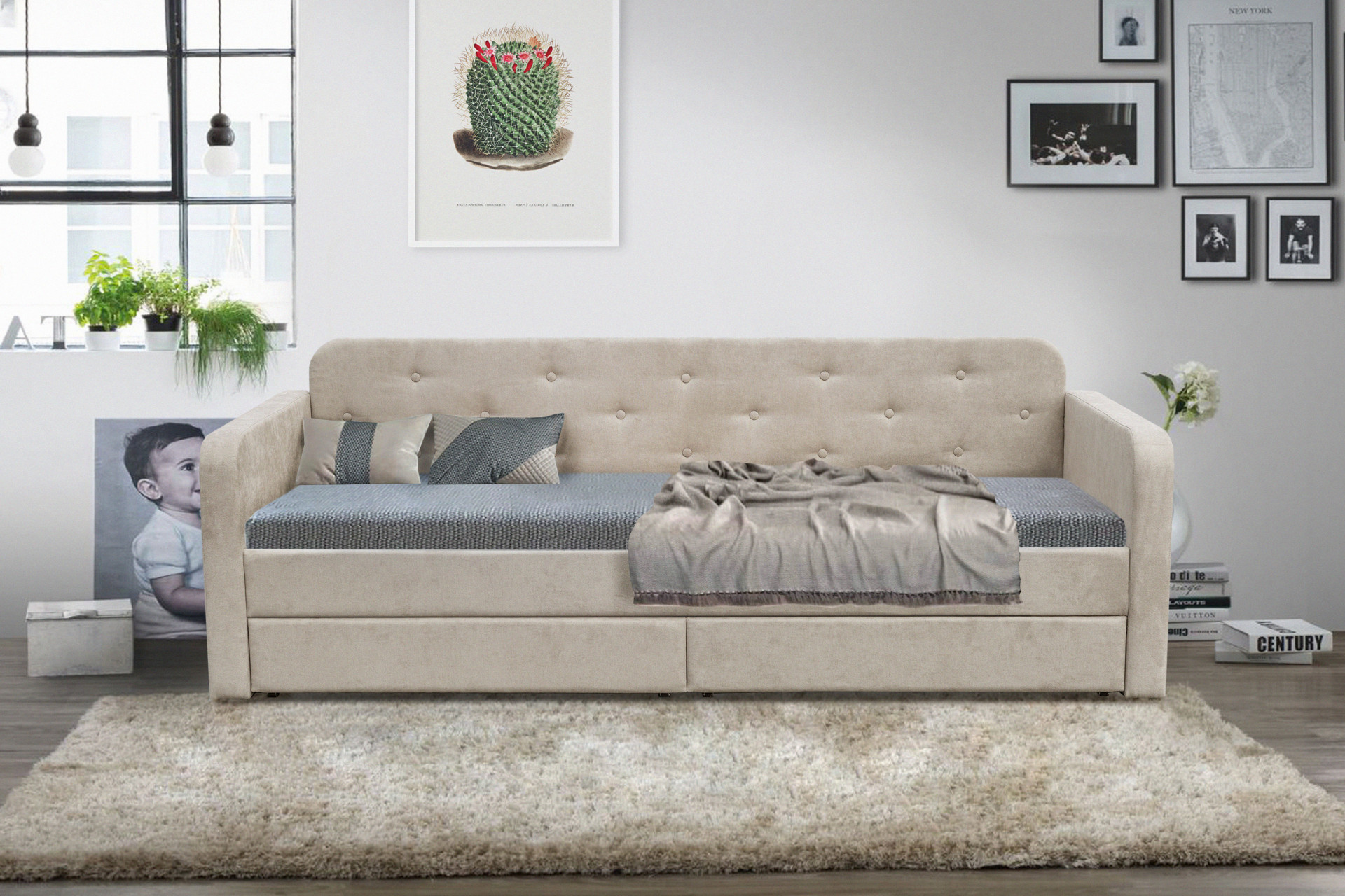 Кровать с двумя ящиками 80х200 см BIO- Софт Малибу (бежевый)