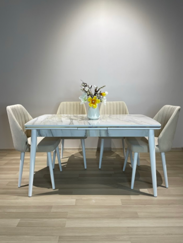Стол обеденный Art-Deco EXI- Неаполь белый мрамор+белые ножки 143/173*80*76 