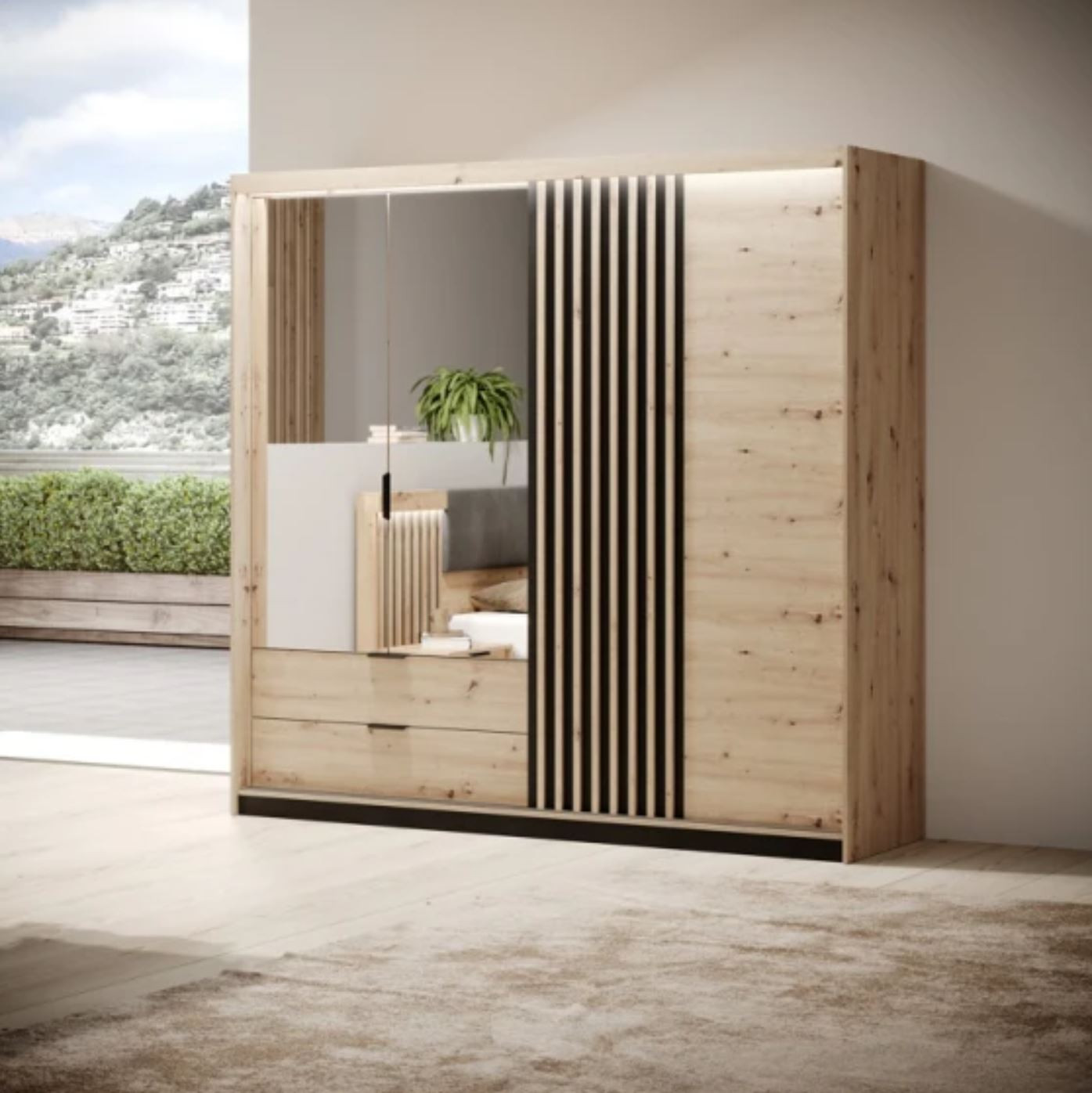 Шкаф полукупе Perfect Home Талли / Tally 4-дверный с зеркалом 4D2S/220 Дуб артизан/антрацит
