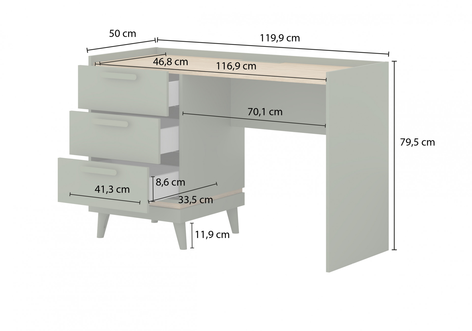Письменный стол с 3 ящиками Helvetia SCANDI 24GDOH03 (зеленый / дуб)