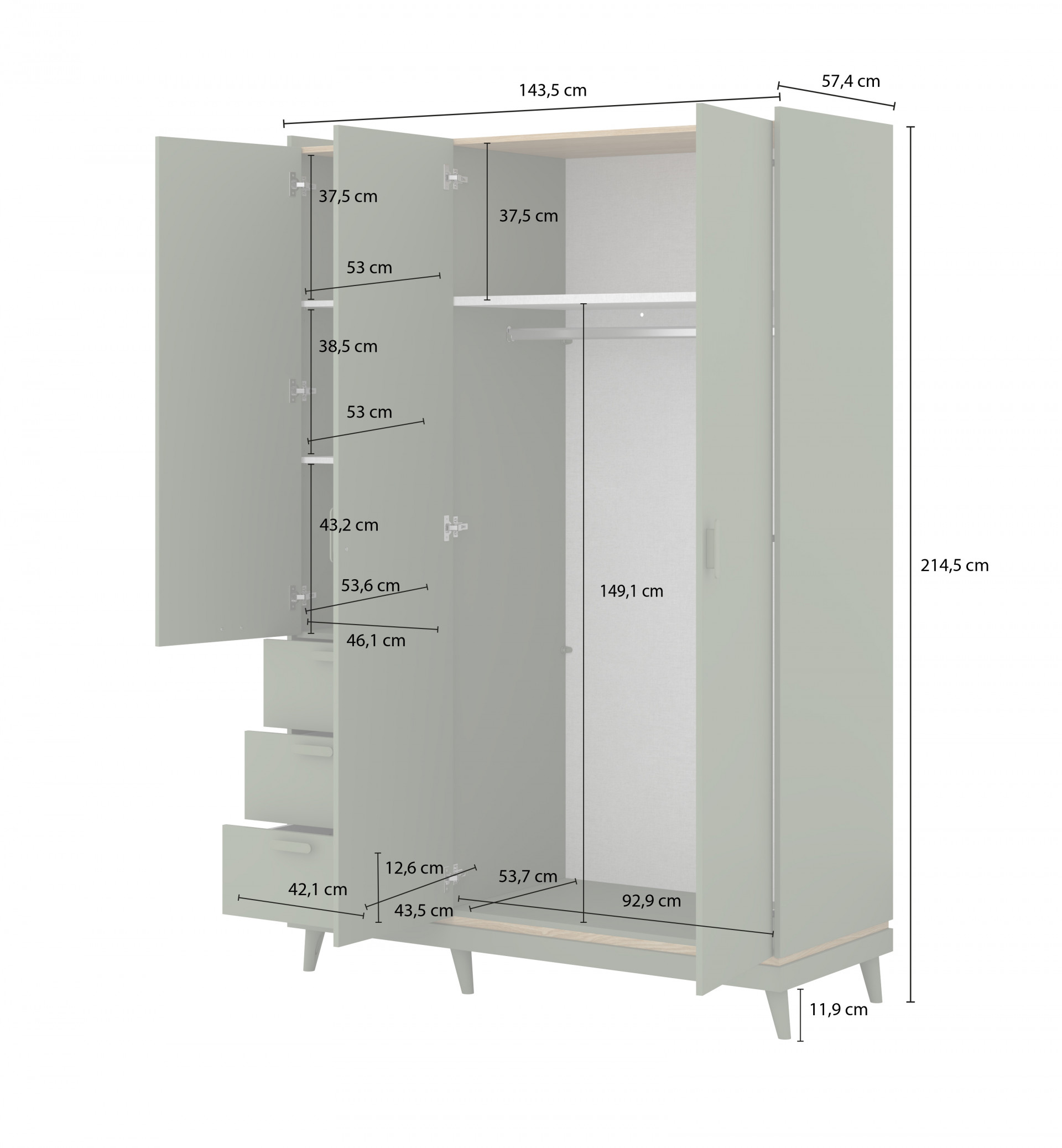 Шкаф на 3 двери с 3 ящиками Helvetia SCANDI 24GDOH19 (зеленый / дуб)