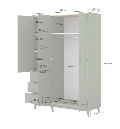 Шкаф на 3 двери с 3 ящиками Helvetia SCANDI 24GDOH19 (зеленый / дуб)