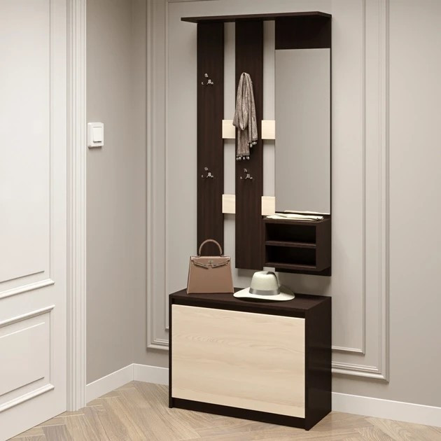 Прихожая с вешалкой и тумбой для обуви EVR- Микс венге + дуб молочный